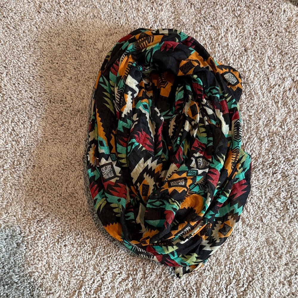 Tasha Black Aztec-Print Infinity Scarf with Jewel Tones